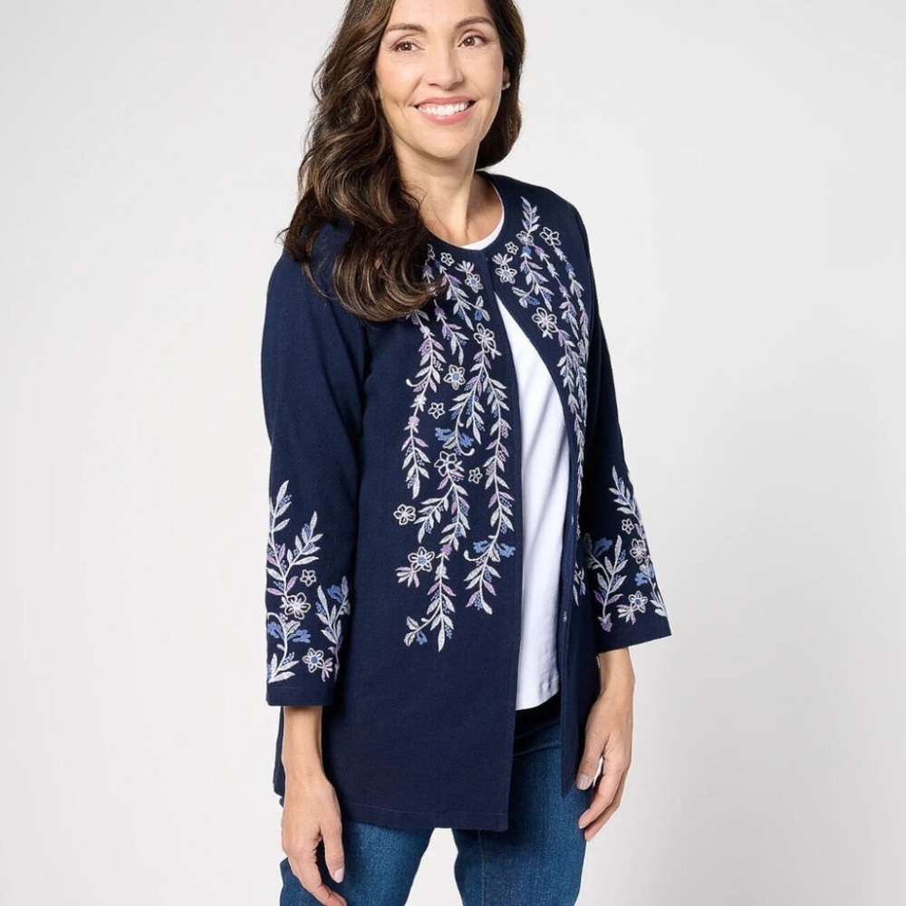Susan Graver Embroidered Navy Cotton Topper Jacket -Size SP